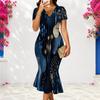 Women Plus Size V Neck Short Sleeve Printed Dark Blue Fitted Fishtail Dress