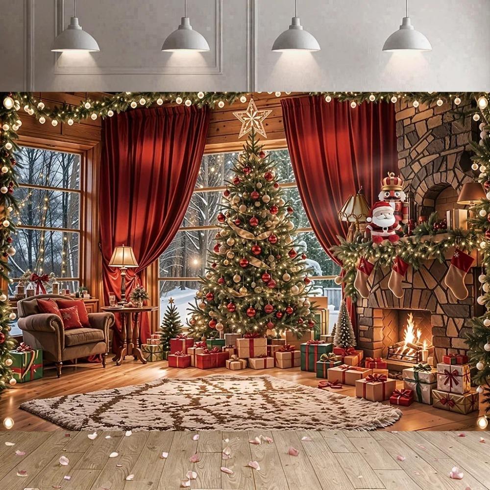 Winter Fireplace Christmas Tree Themed Banner Decoration Background Birthday Party Home Decoration Photography Backdrop Cloth