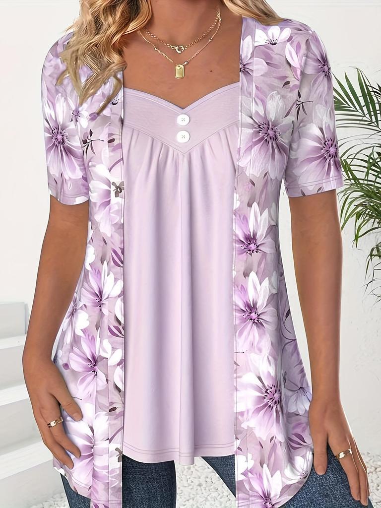 2024 Spring/Summer Women's Cross-Border Fashion: Fake Two-Piece Short-Sleeve Printed Button-Up Top