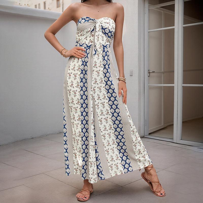 Sexy Vacation-style Jumpsuit, Sleeveless Lace-up Strapless, Retro Geometric Print Wide-leg Jumpsuit