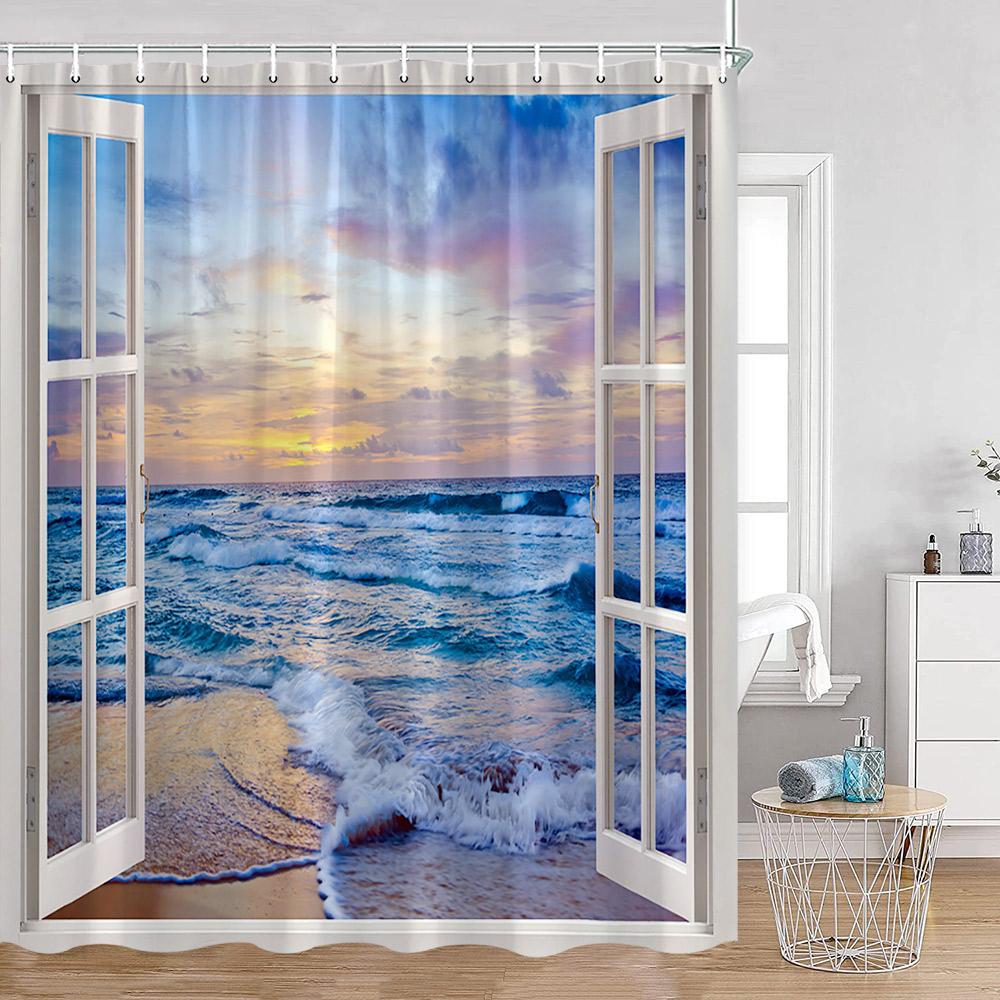 Coastal Shower Curtain Open Window View Of The Sky Clouds Rising Sun Seascape Grass Morning Scenery Bathroom Decor Set With Hook