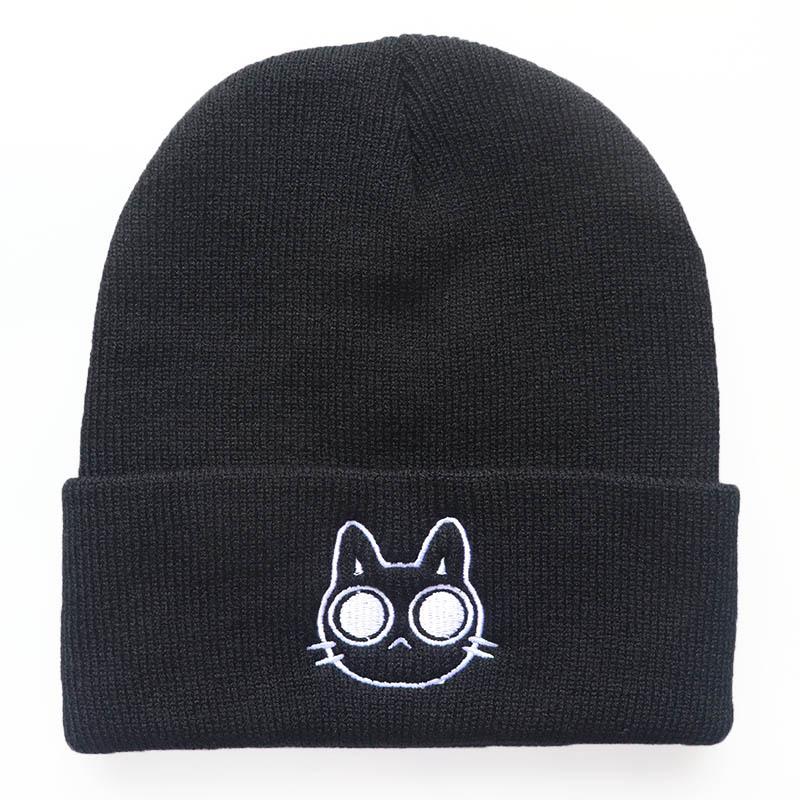 Cartoon quirky cute expression cat embroidered knitted hat pullover warm hat hip-hop beanie Adjustable
