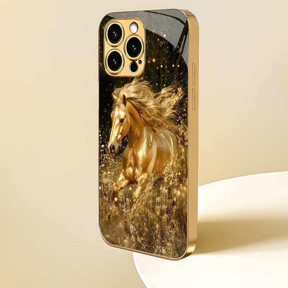 Horse Pattern Electroplated Gold Glass Phone Case Suitable for iPhone 17 16 15 14 13 12 11 Pro/Max/Plus Shockproof Back Cover