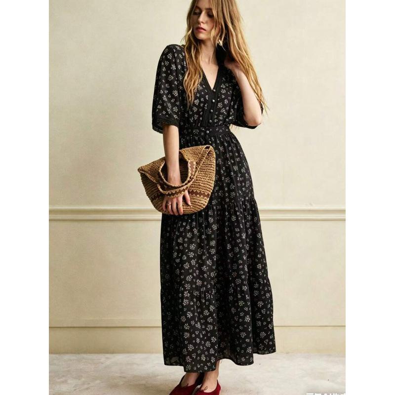 Europe, America 2026 summer new fashion temperament vacation elegant floral waist and thin dress S чёрный