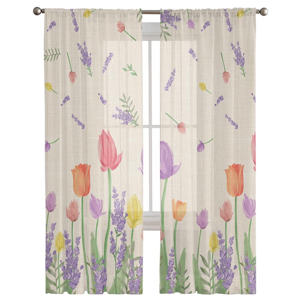 Plante Tulip Lavendel Blomst Skjøre Vinduskardiner For Stue Kjøkken Barnerom Voile Hengegardin