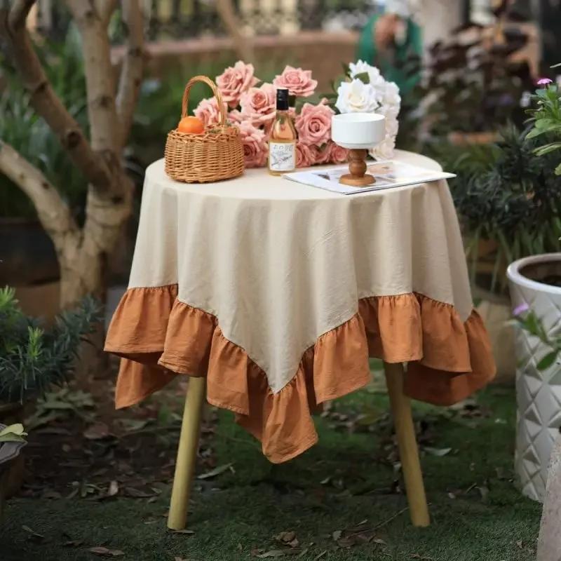 

Retro Farmhouse Ruffle Round Tablecloth 100% Cotton Table Cloth Washable Table Cover for Kitchen Dining, Picnic,Party Decoration Diameter 90cm