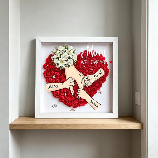 Personalisierte Mommy Ich Liebe Dich Blume Schattenbox Benutzerdefinierte Namen Händchen haltend Rahmen Geschenke für Mama Oma von Tochter oder Sohn am Muttertag