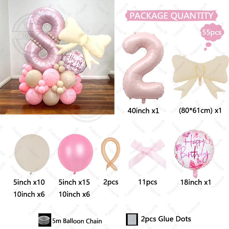 55PCS Pink Bow Theme Bouquet Balloon Set with 40inch Pink Number Girl First Birthday Party Decoration Baby Shower Helium Globos