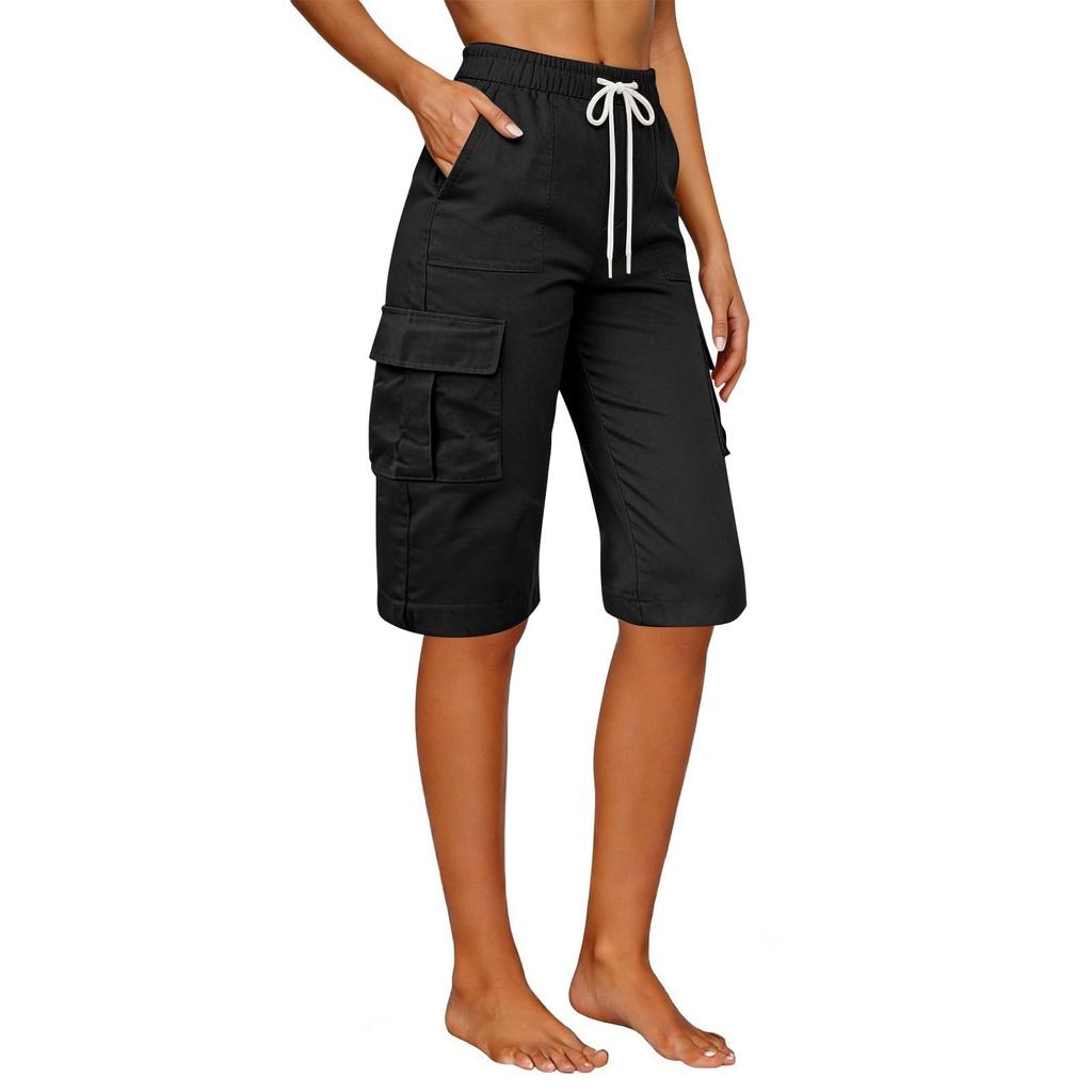 Women's Knee Length Cargo Shorts,Casual High Waisted Drawstring Bermuda Shorts With Pockets For Summer Hiking Work