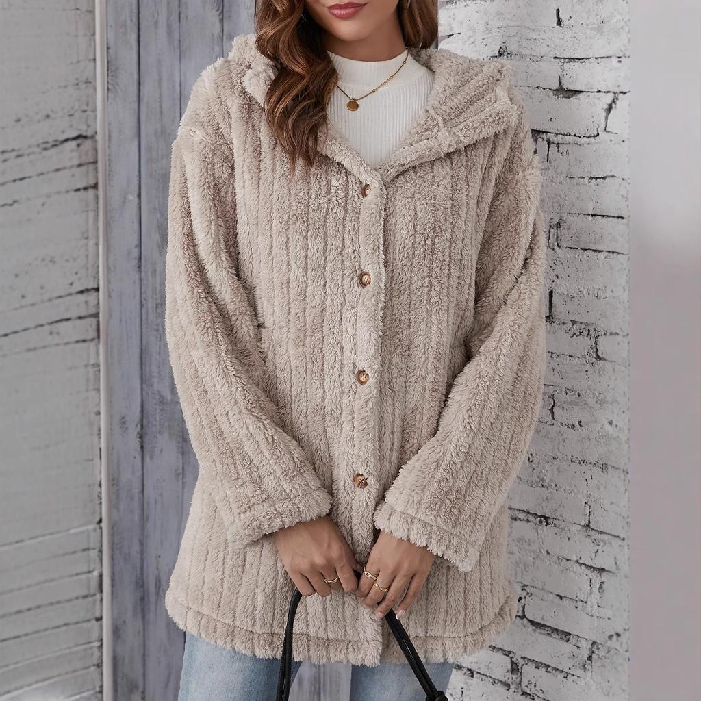 QICED Autumn and Winter Thickened Plush Striped Embossed Button Cardigan Hooded Jacket