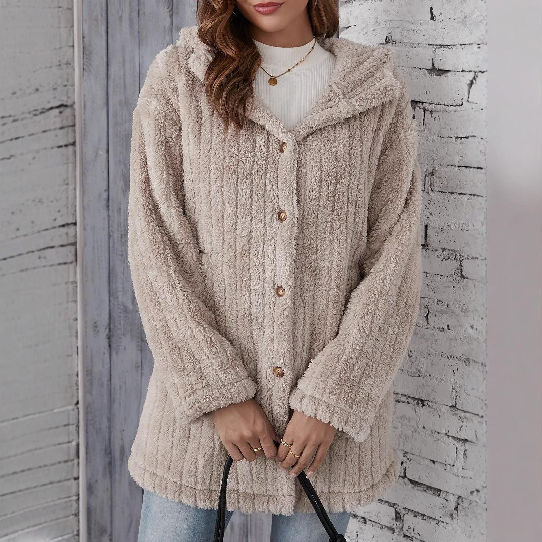 

HNXC Autumn and Winter Thickened Plush Striped Embossed Button Cardigan Hooded Jacket XXL хаки