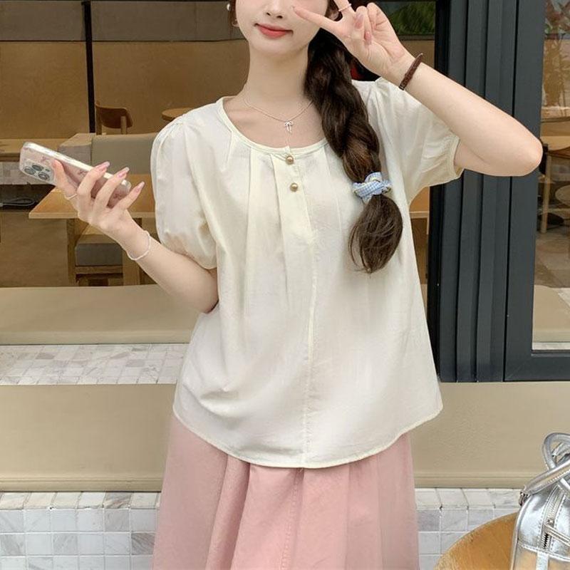 Sweet French Summer Design New Puff Short-sleeved Solid Color Loose Shirt Top