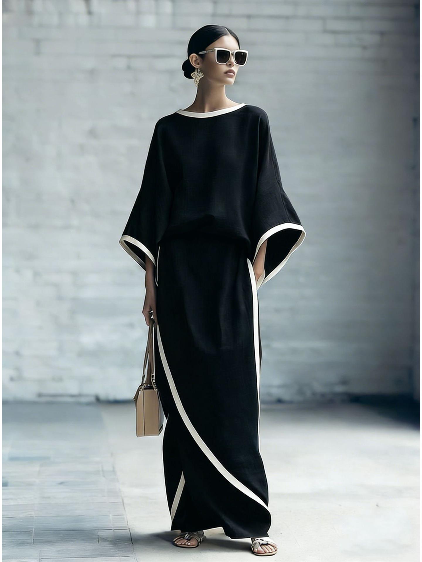 2026 Elegant Batwing Sleeve Robe Top & Long Skirt Two-Piece Set M