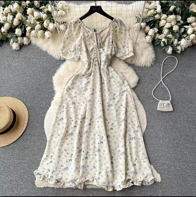 Summer Women Floral Midi Dress Beach Vacation V-Neck Short Sleeve High Waist A-Line Party Vestidos Female Dresses