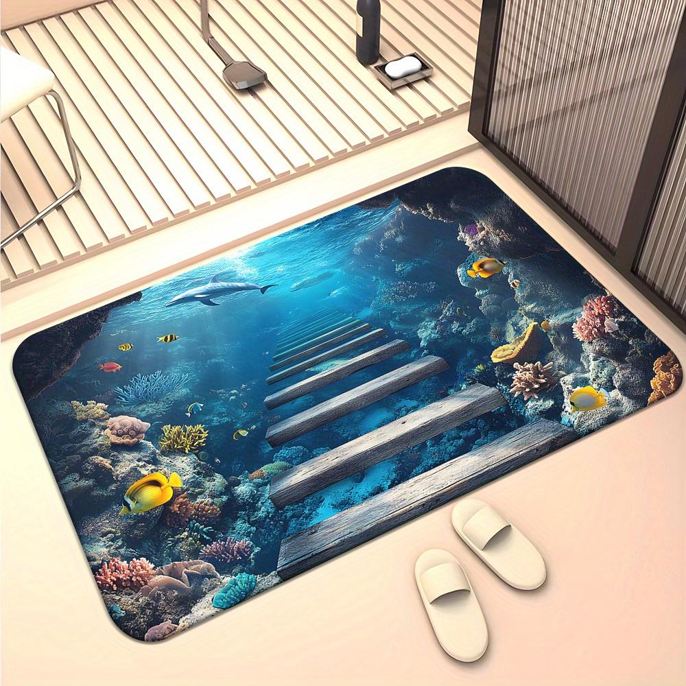 3D Underwater Coral Dolphin Doormat, Microfiber Polyester Non-Slip Absorbent Machine Washable Rug for Multi-Room Decor