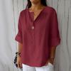 Damen V-Ausschnitt Dreiviertelarm Pullover Bluse Baumwolle Leinen Lockere Passform Lässiges Oberteil für den Sommer Ohne Farbangabe