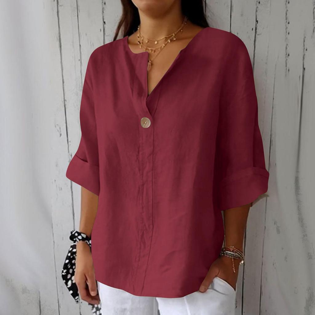 Damen V-Ausschnitt Dreiviertelarm Pullover Bluse Baumwolle Leinen Lockere Passform Lässiges Oberteil für den Sommer Ohne Farbangabe
