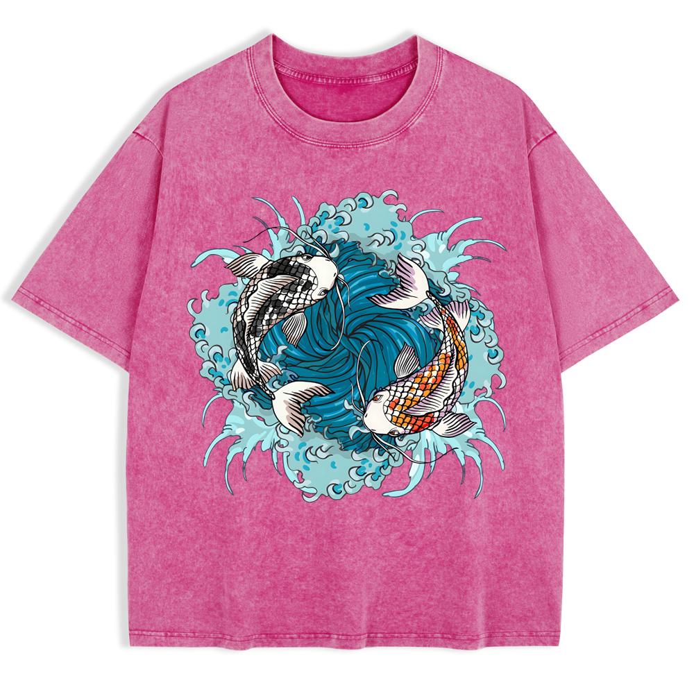 Japanese Koi Harajuku Printed Washed T-Shirts Mens Cotton Short Sleeve Tops Summer O-Neck Oversized T Shirts Clothes