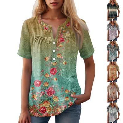 Women's Casual Floral Print V-Neck Short Sleeve Decorative Button T-Shirt Top