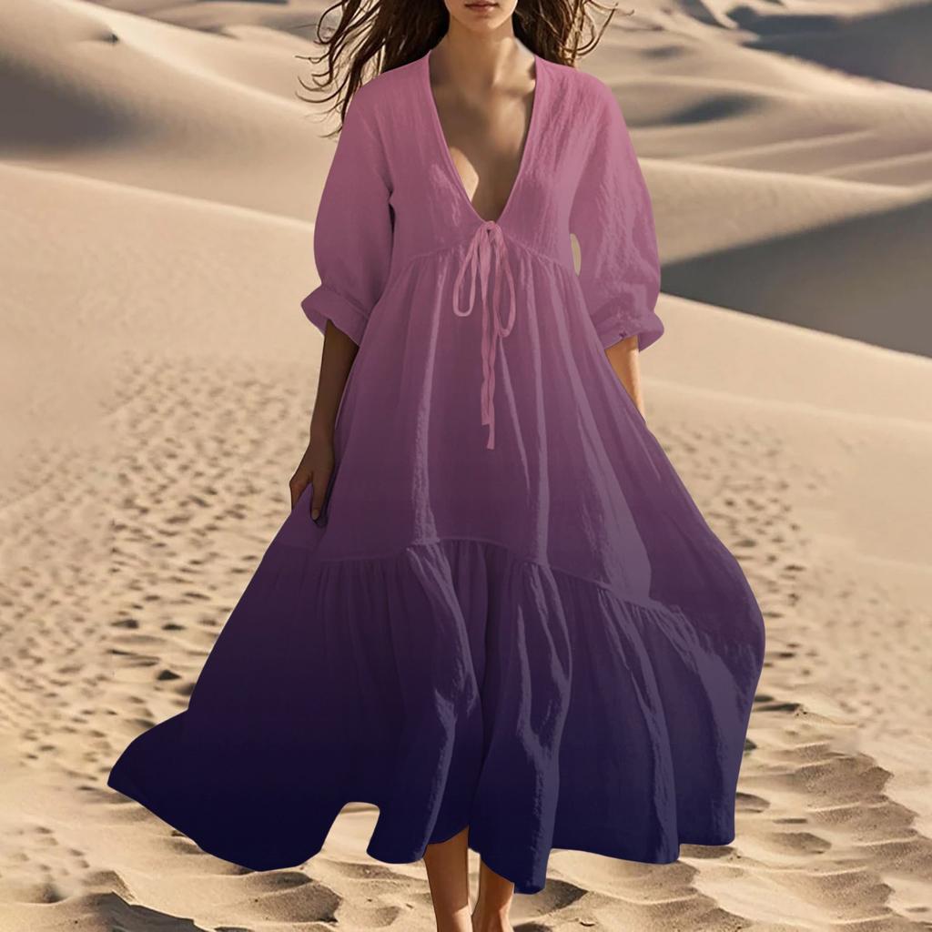 Women's Summer Fashion V-Neck Beach Long Gradient Printed Lace-Up Splicing Dresses