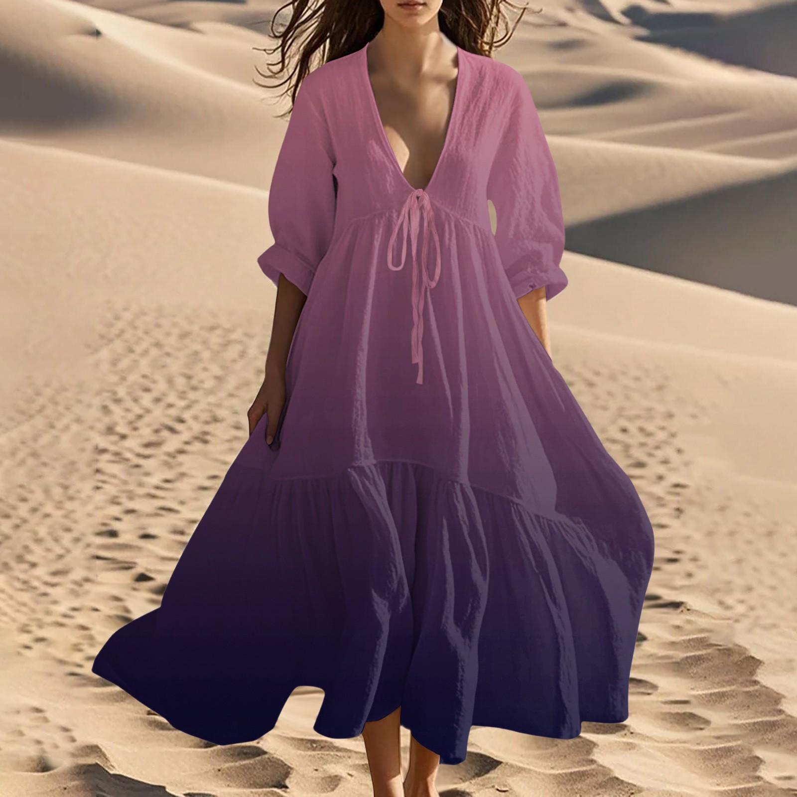 

Women s Summer Fashion V-Neck Beach Long Gradient Printed Lace-Up Splicing Dresses S фіолетовий