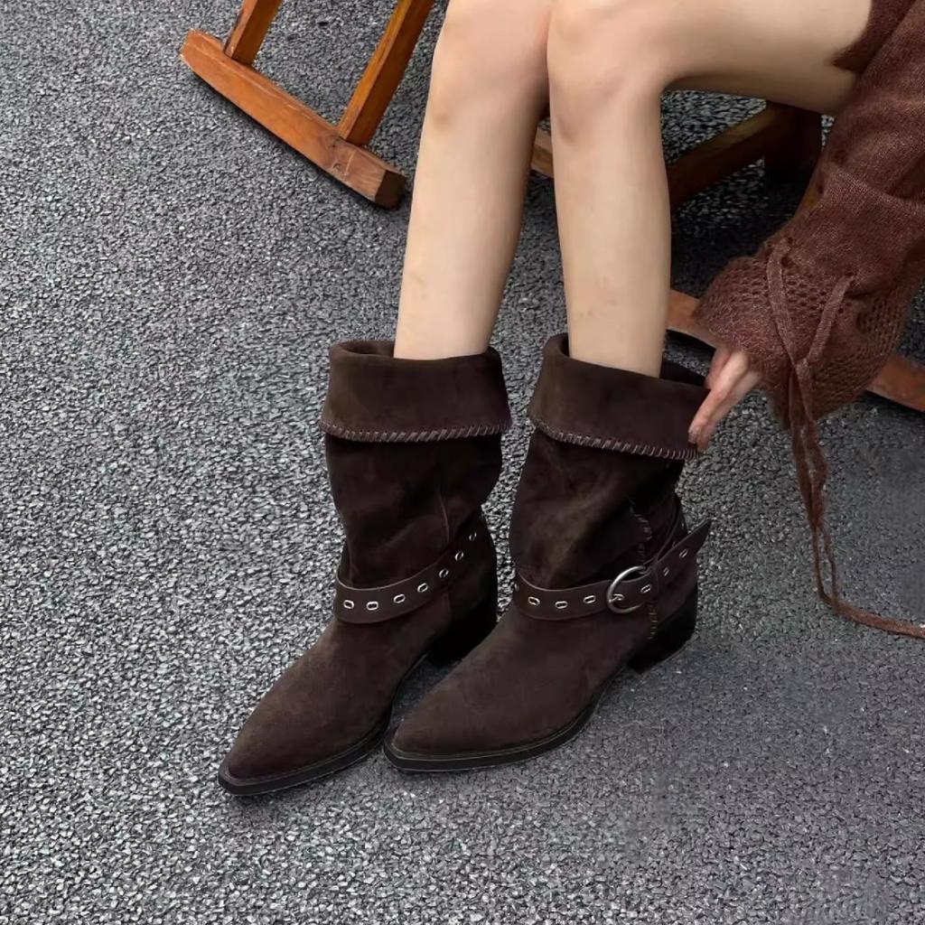 2025 New Retro Thick Heel Western Pile Boots Wide Tube Medium Tube Boots Pointed Belt Buckle Suede Knight Short Boots Women