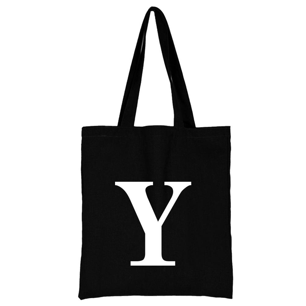 Women's Black Shopping Bag Casual Large-capacity White Letters Initial Name Pattern Printing Series Canvas Shoulder Bag Reusable