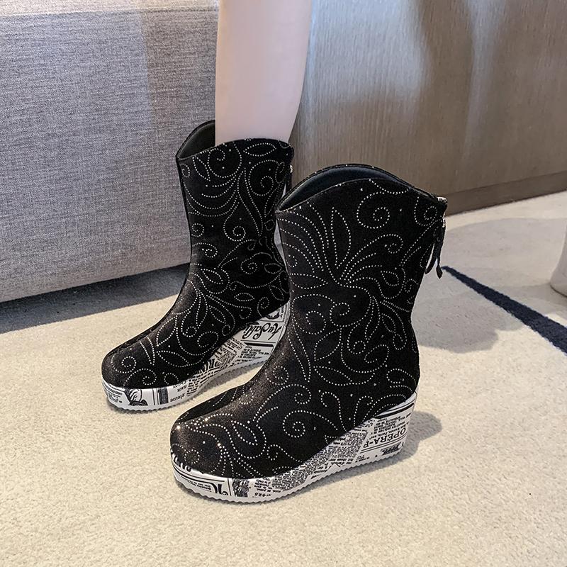 Fashion Rhinestone Suede Wedge Single Boots Women's Fashion Round Toe Rear Zip Platform Anti-Slip Wear-Resistant Short Shoe