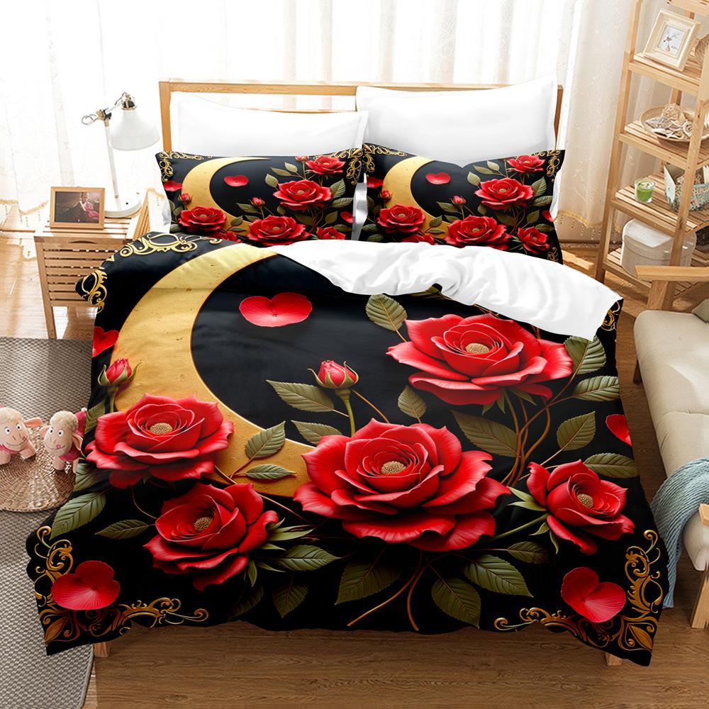 3D Flower Rose Moon Printed Duvet Cover King Twin Queen Double Size Kit Floral Pillowcase  New Wholesale Elegant Bedspread