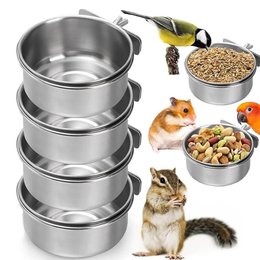 Parrot Feeding Cups Birds Food Dish Stainless Steel Feeders Water Cage Bowls with Clamp Holder for Parakeet Parrot Small Animal