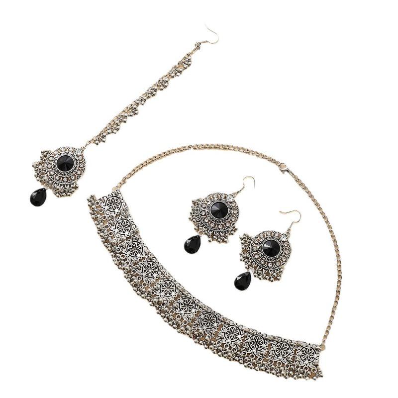 Diamond-encrusted Round Tassel Earrings NecklaceHair ChainThree-piece Set Retro Forehead Chain