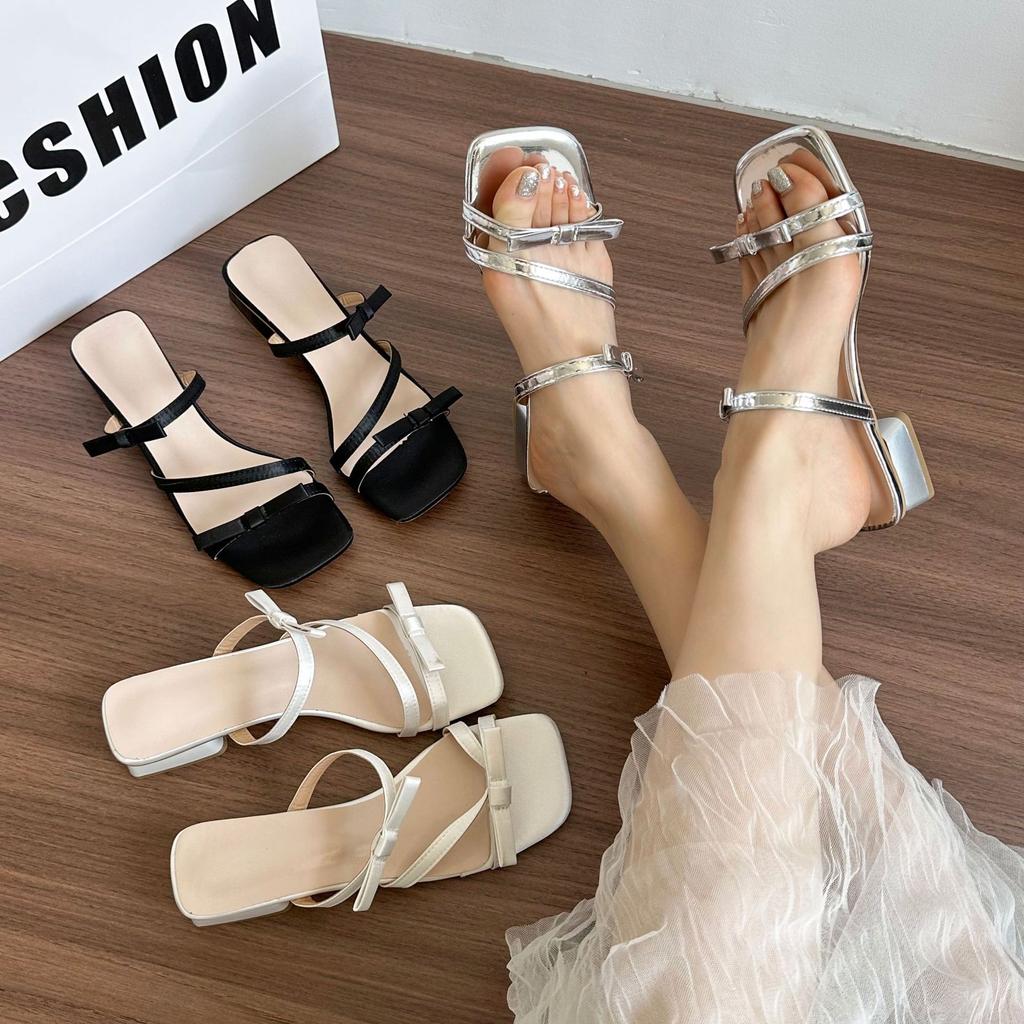 Fairy style bow outer wear 2025 new thick heel women's shoes spring and summer one-word sandals silver sandals square head