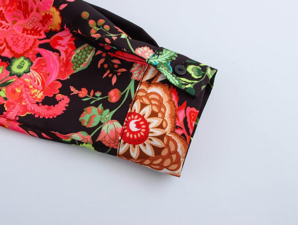 2025 Spring Women's Casual European & American Style Print Tie-Waist Long Dress