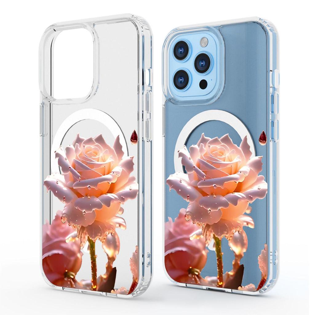 Pink Rose Magnetic Transparent Case for iPhone 15/16/17 Pro Max – Full Coverage