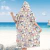 Kawaii Kitten Print Hooded Beach Towel Quick Dry Microfiber Bath Robe Poncho Flat Print for Swimming Pool Outdoor Party Gift