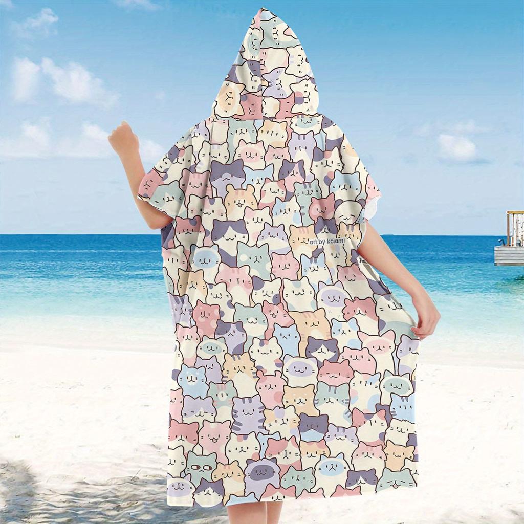 Kawaii Kitten Print Hooded Beach Towel Quick Dry Microfiber Bath Robe Poncho Flat Print for Swimming Pool Outdoor Party Gift