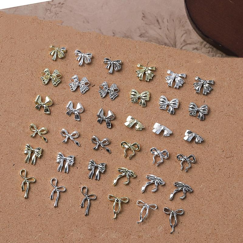 50Pcs Gold/Silver/White Metal Alloy Ribbion Bowknot Nail Charms 3D Luxury Metal Bow Manicure Parts Manicure Accessories