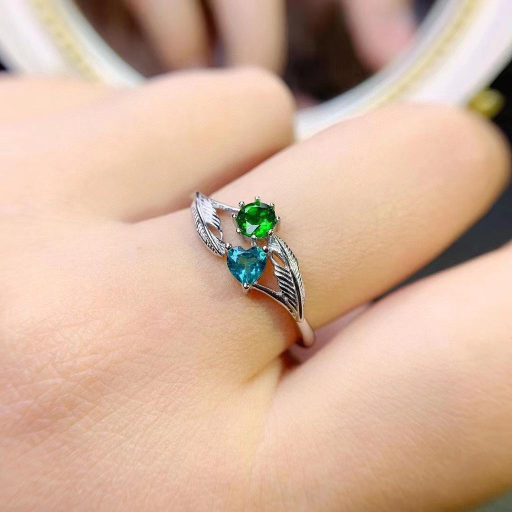 BELLA BOX Retro Feather Imitation Natural Tourmaline Inlaid Blue-green Zircon Ring Suitable For Women's Daily Party Fashion Jewelry