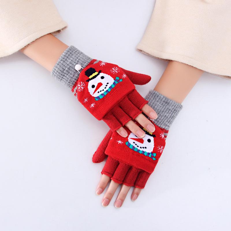 

Christmas Women Gloves Winter Half Finger Flip Lady Cute Youth Warm Knitting Wool Students Writing Game Fingerless Mittens