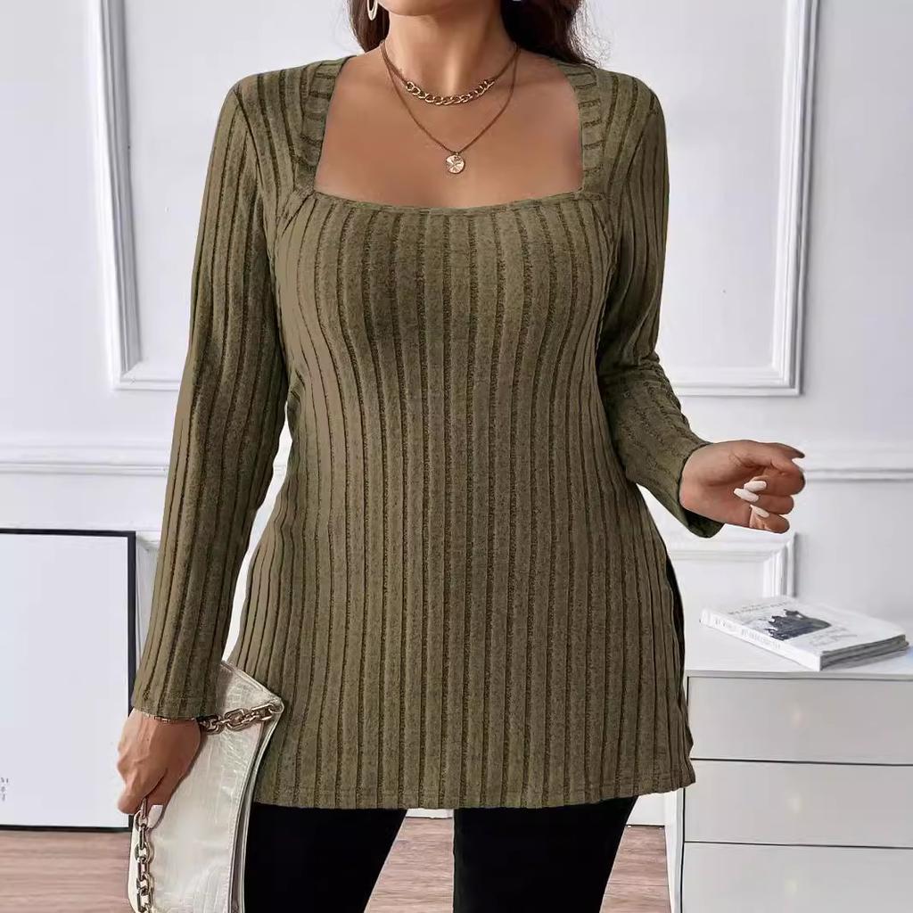 Übergröße Neuer Herbst- und Winter Damenmode Einfarbiger Pullover Damen Quadratischer Ausschnitt Langärmeliges Freizeit-Oberteil