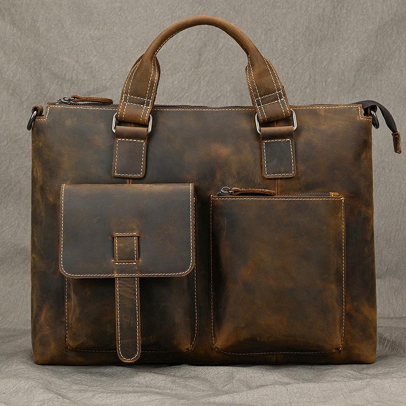 Fashion Crazy Horse Leather Briefcase Bag Men Laptop Bags Men OfficeTote Bag Cow Leather Handbag A4 Portfolio Men's Hand Bags