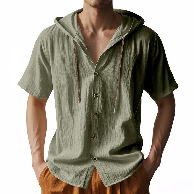 Men's Solid-color Casual Short-sleeved Shirt with A Hooded Drawstring Cotton Cardigan Is Trendy, Versatile and Loose