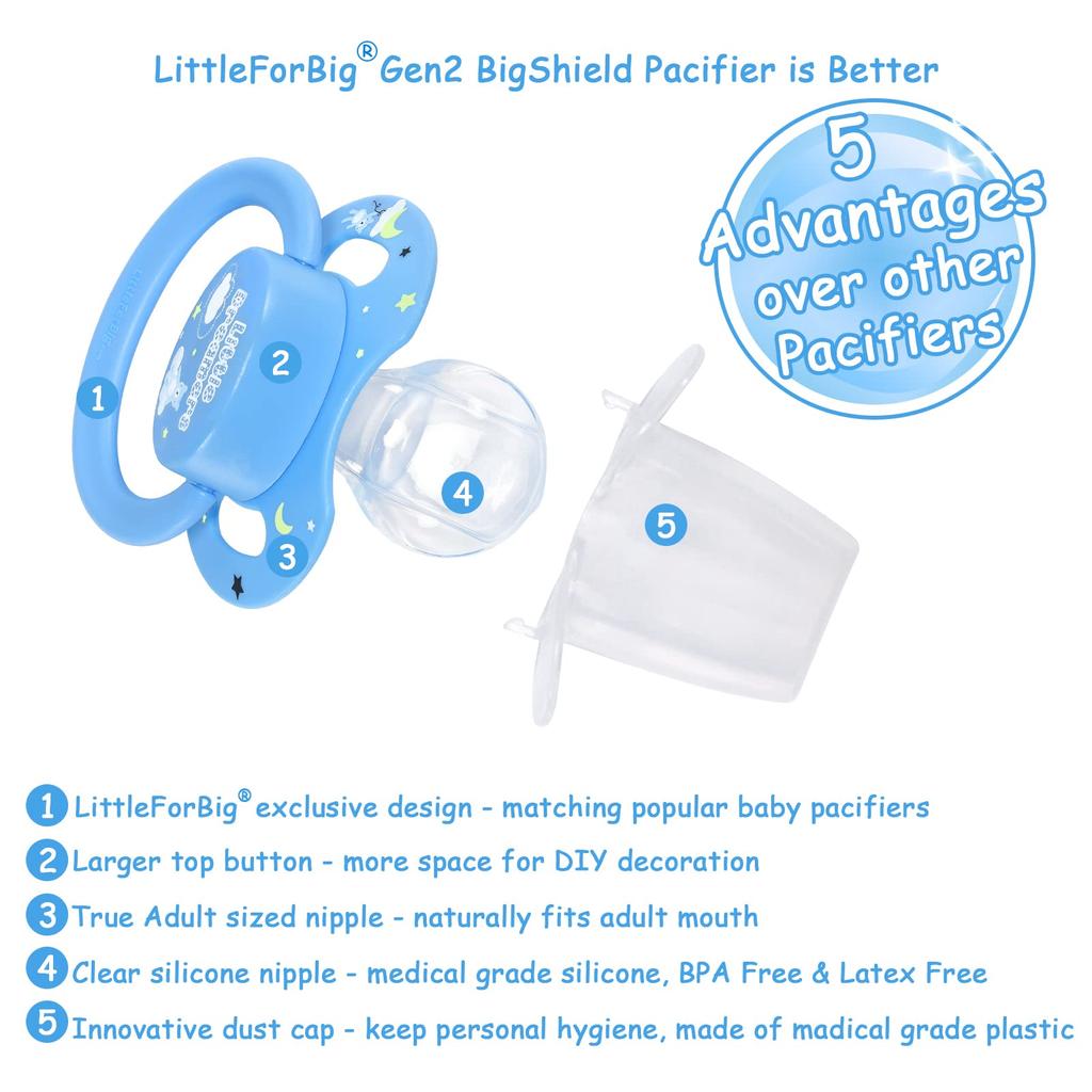 LittleForBig Adult New Model 2nd Generation with Lid Blue Pacifier, [Sleeping Bear]