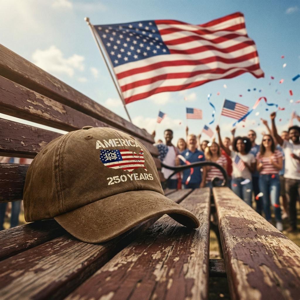 Adjustable 250th Anniversary Commemorative Cap With Patriotic Print.