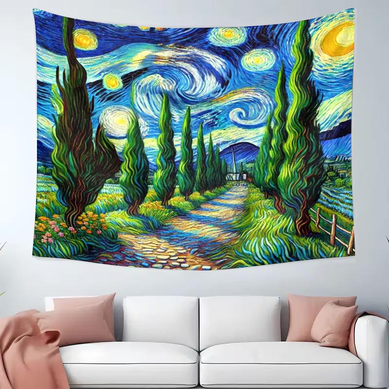 2D Impressionist Landscape Backdrop - Van Gogh Inspired Starry Night Tapestry for Photoshoot
