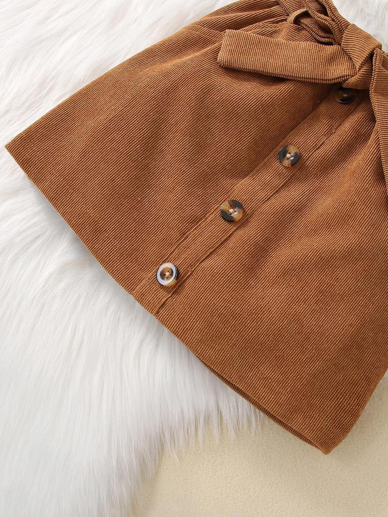 Black Ribbed Round Neck Long Sleeve Top + Girls Fashion Yellow Brown Half Skirt Set