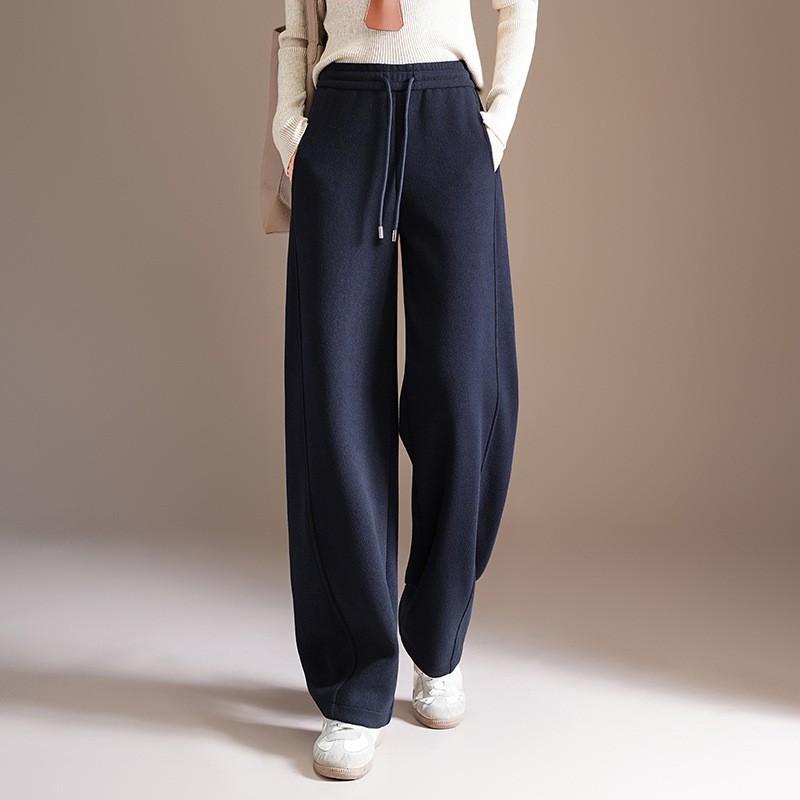 Womens Wide Leg Straight Cut Pants Winter Thick Loose Fit High Waist Casual Trousers