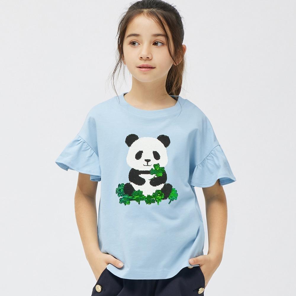 

Футболка GU by Uniqlo GIRLS с пайетками и пандой с короткими рукавами