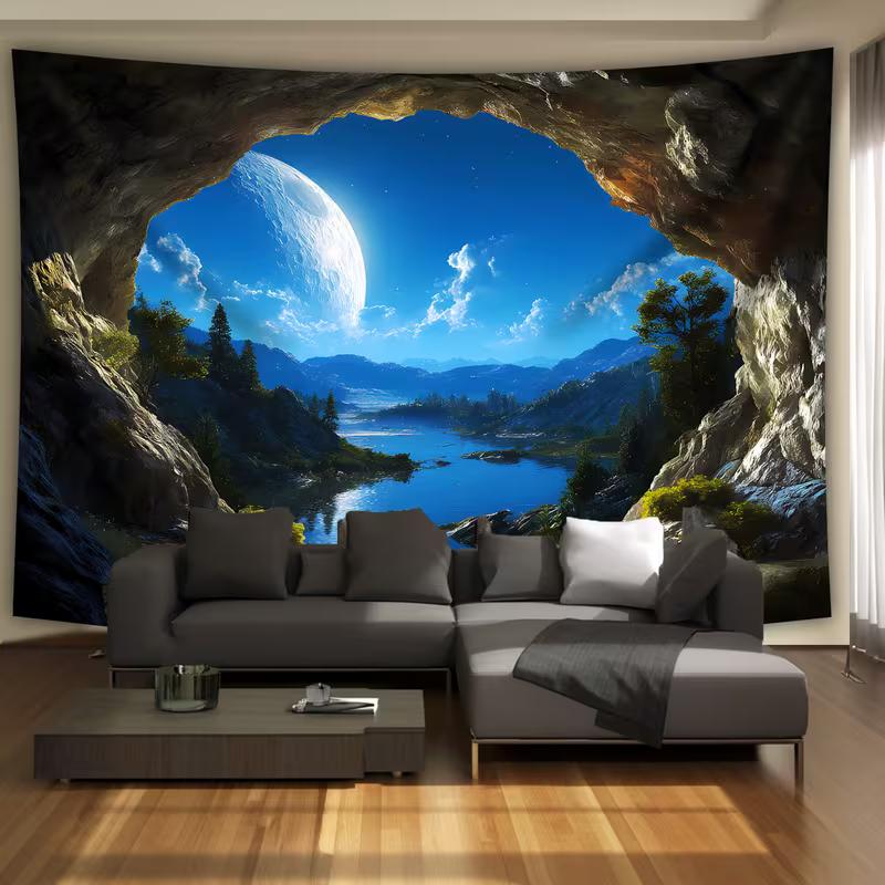 

2D Fantasy Moon Landscape Tapestry, Cave Window Scenery Wall Hanging 47.2x31.5inch/120*80cm