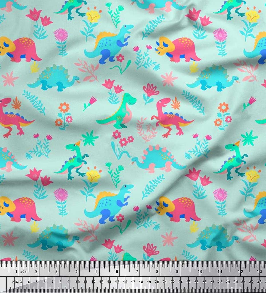 Soimoi Black Japan Crepe Satin Fabric Aster Flower & Dinosaur Kids Print Fabric by Metre 42 Inch